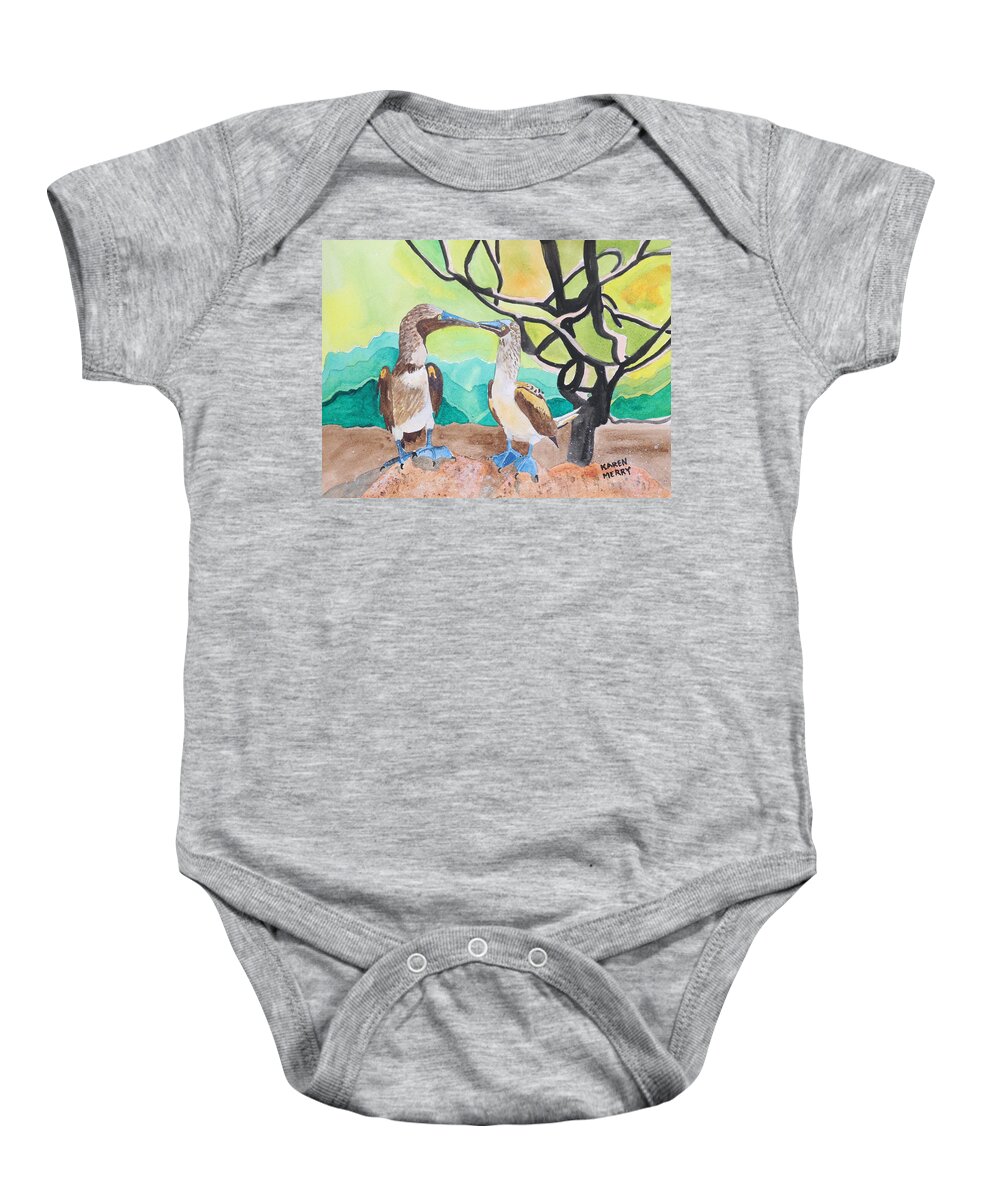 Blue-footed Boobies Baby Onesie featuring the painting Two Blue-Footed Boobies by Karen Merry