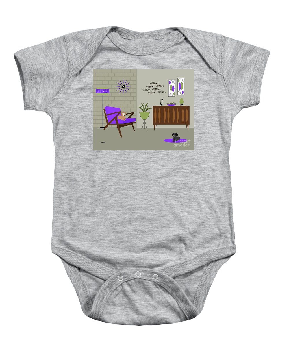 Mid Century Modern Dachshunds Baby Onesie featuring the digital art Two Mid Century Dachshunds in Purple Room by Donna Mibus
