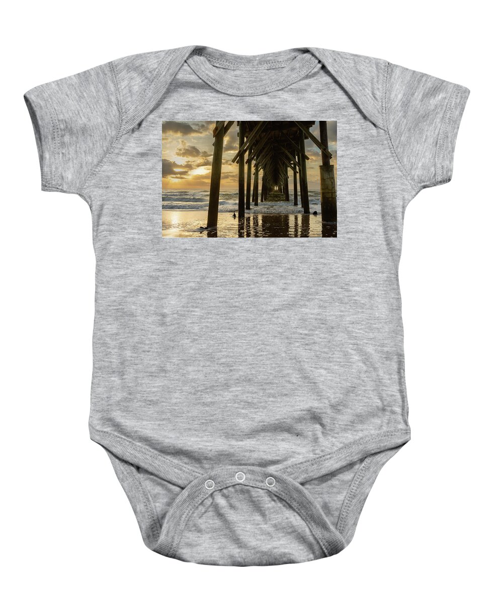 North Carolina Baby Onesie featuring the photograph Under Surf City Pier at Sunrise 2 by Joni Eskridge