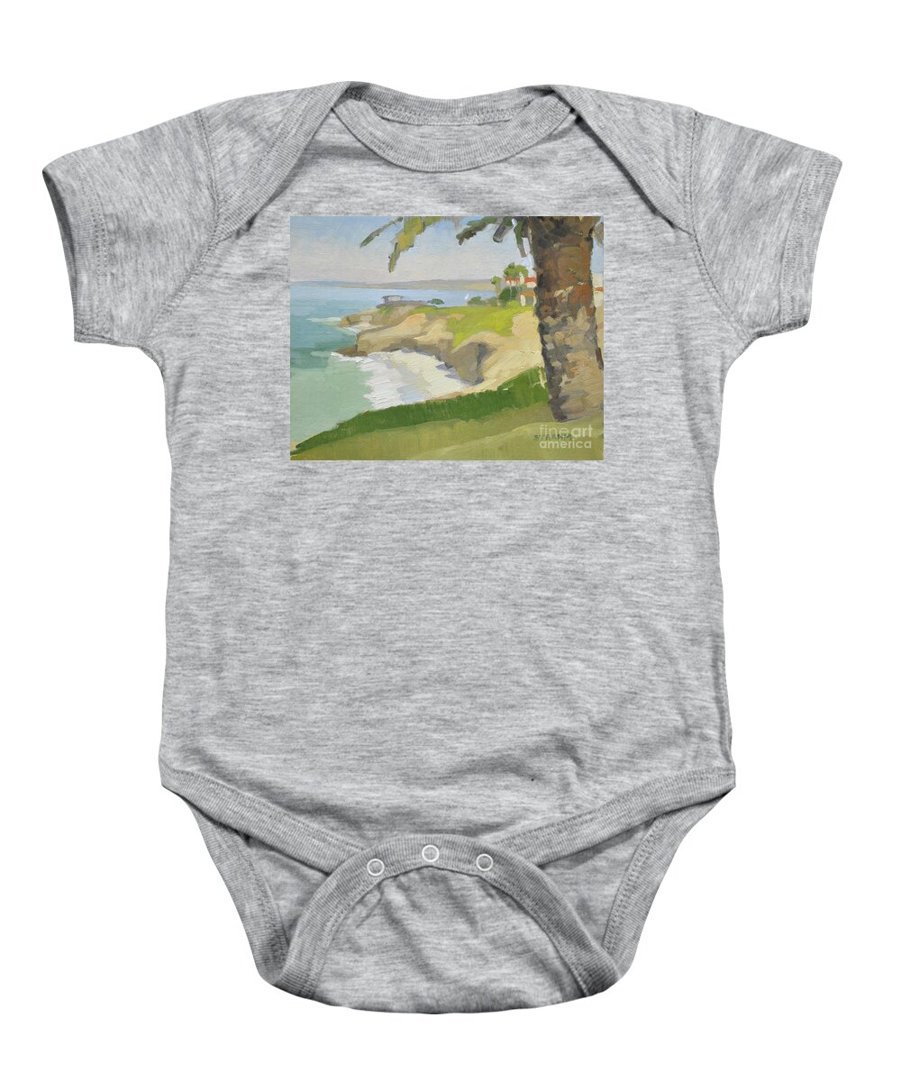 Wedding Bowl Baby Onesie featuring the painting Under the Palm at the Wedding Bowl, La Jolla by Paul Strahm