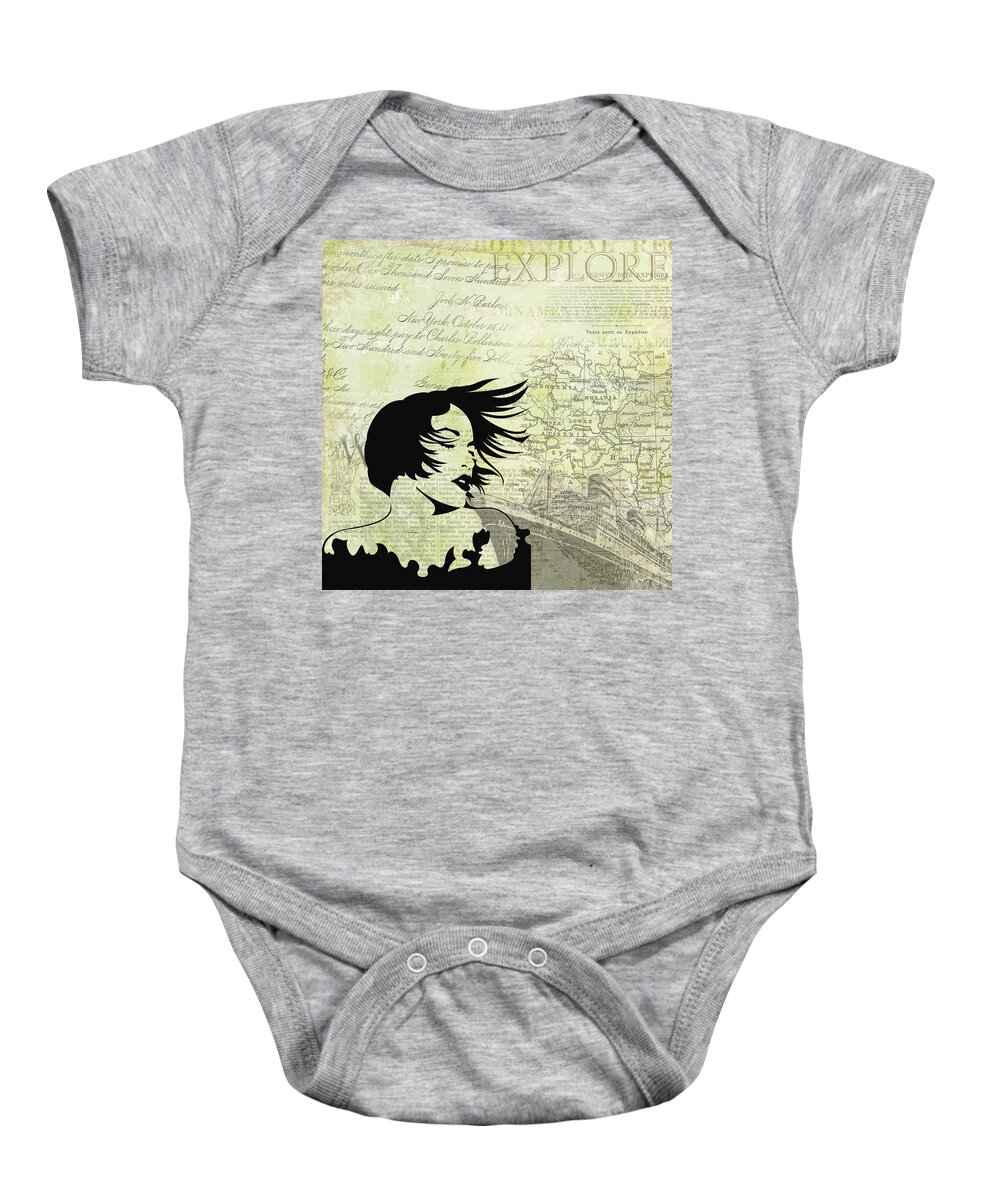 Vintage Art Baby Onesie featuring the digital art Vintage Travel Print - Beautiful Woman at Sea by Caterina Christakos