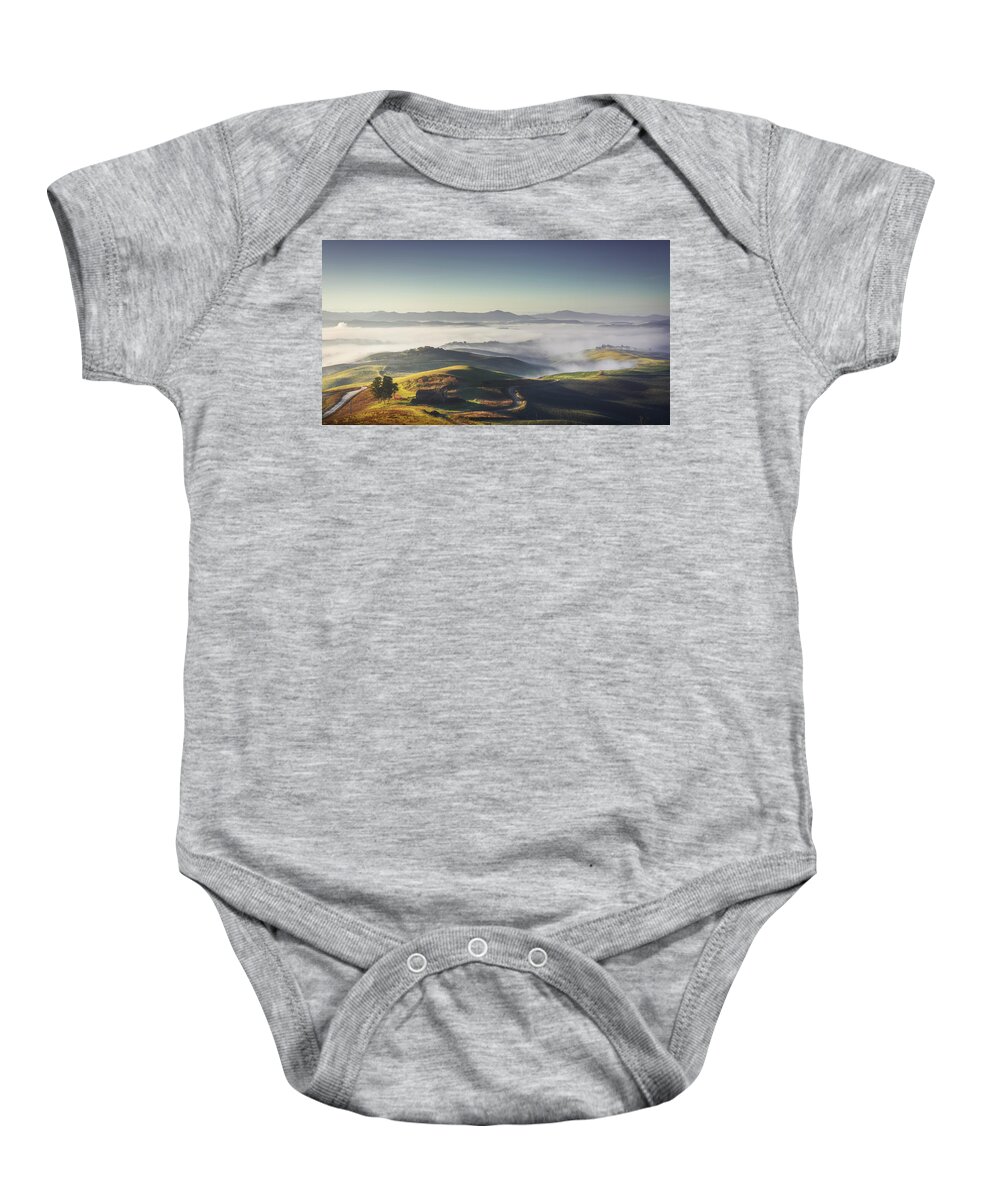 Tuscany Baby Onesie featuring the photograph Volterra foggy landscape by Stefano Orazzini
