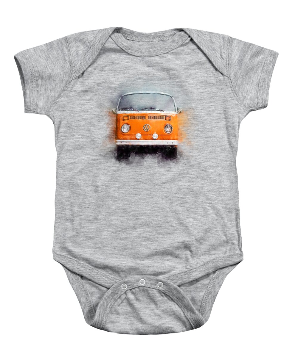 Vw Bus Baby Onesie featuring the photograph VW Bus T2 Hippie Vanlife in Orange Watercolor by Andreea Eva Herczegh