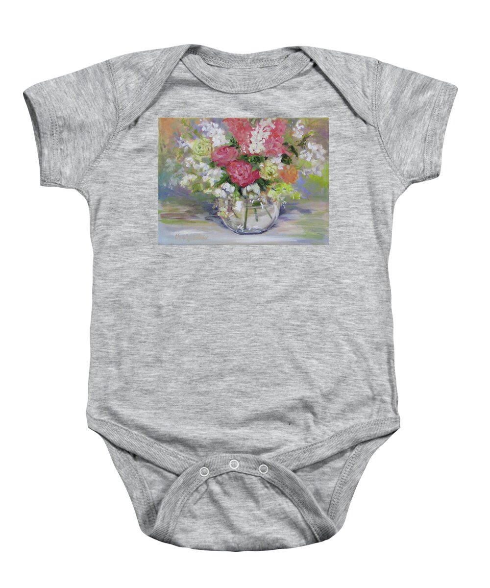 Floral Print Baby Onesie featuring the painting Water Vase With Pink Roses and White Flowers by Cheri Wollenberg