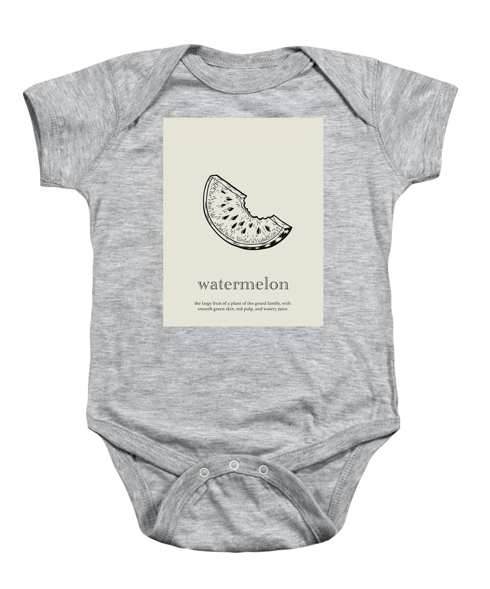 Watermelon Baby Onesie featuring the mixed media Watermelon Fruit Vintage Minimalistic Kitchen Poster by Design Turnpike