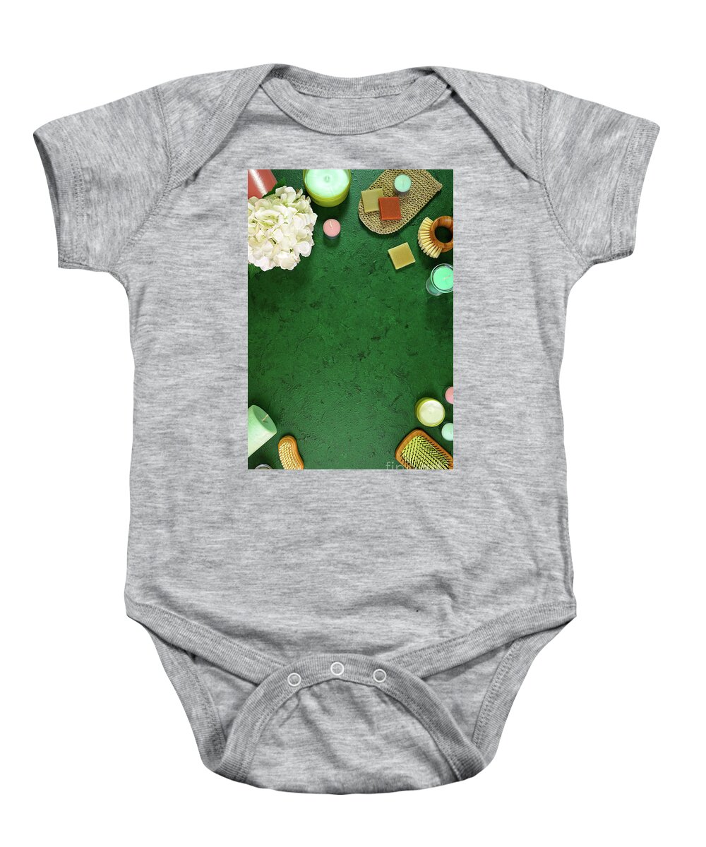 Self Care Baby Onesie featuring the photograph Wellness background framed by pro environmental plastic free beauty products by Milleflore Images