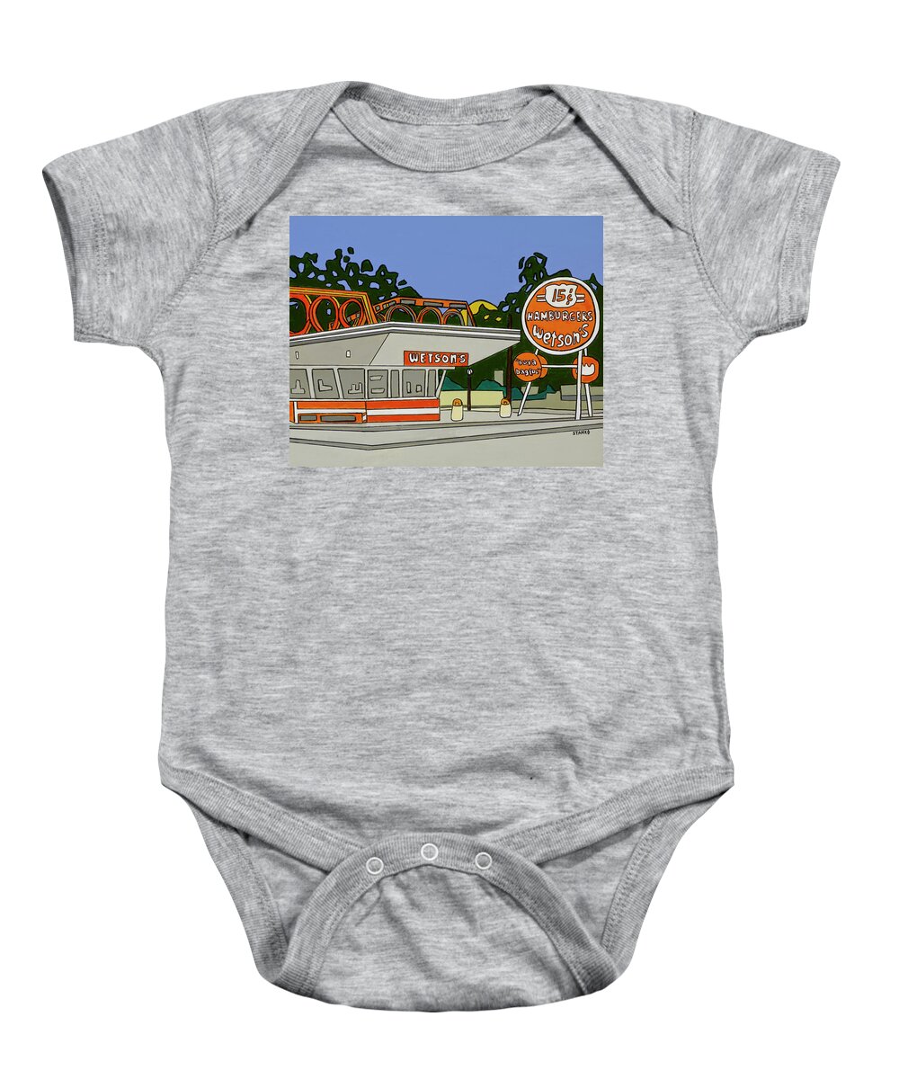 Wetson's Hamburgers French Fries Hamburger Chain Baby Onesie featuring the painting Wetson's by Mike Stanko