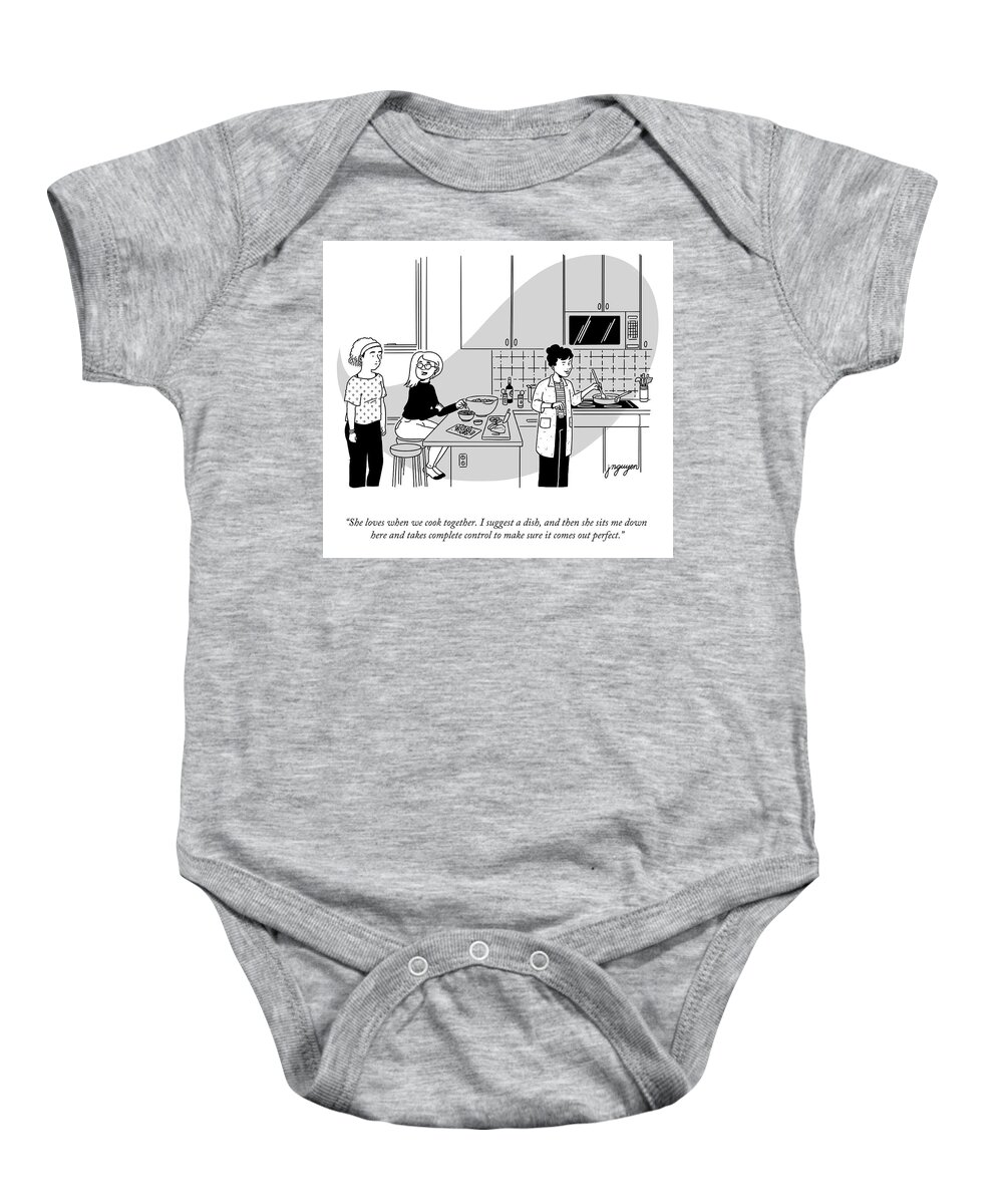 “she Loves When We Cook Together. I Suggest A Dish Baby Onesie featuring the drawing When we Cook Together by Jeremy Nguyen