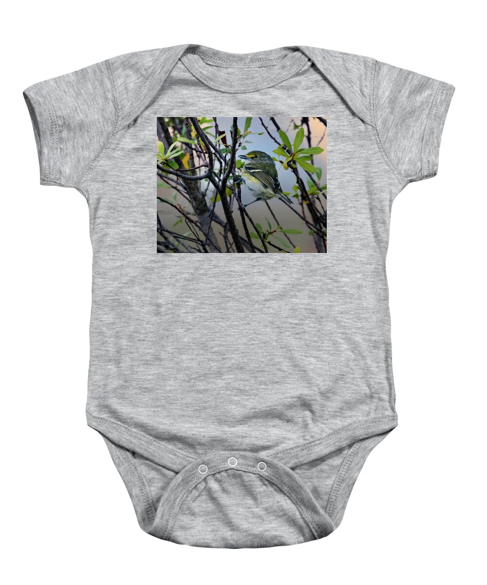 Vireo Baby Onesie featuring the photograph White-eyed Vireo by Jaki Miller