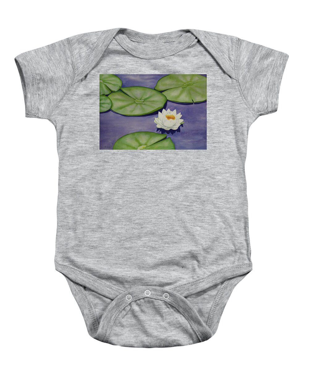Kim Mcclinton Baby Onesie featuring the painting White Lotus and Lily Pad Pond by Kim McClinton