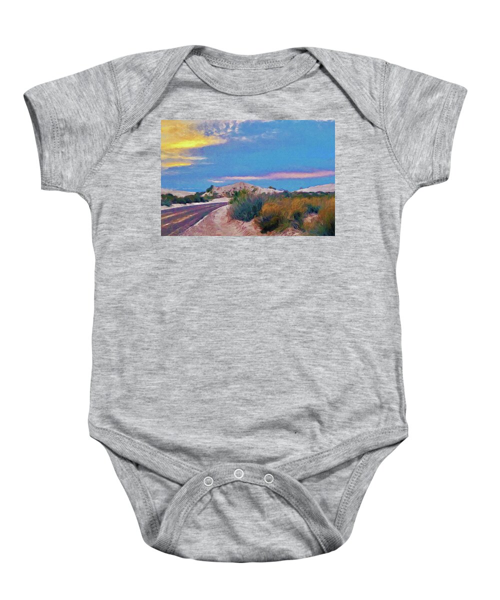 White Sands Baby Onesie featuring the mixed media White Sands New Mexico at Dusk Painting by Tatiana Travelways