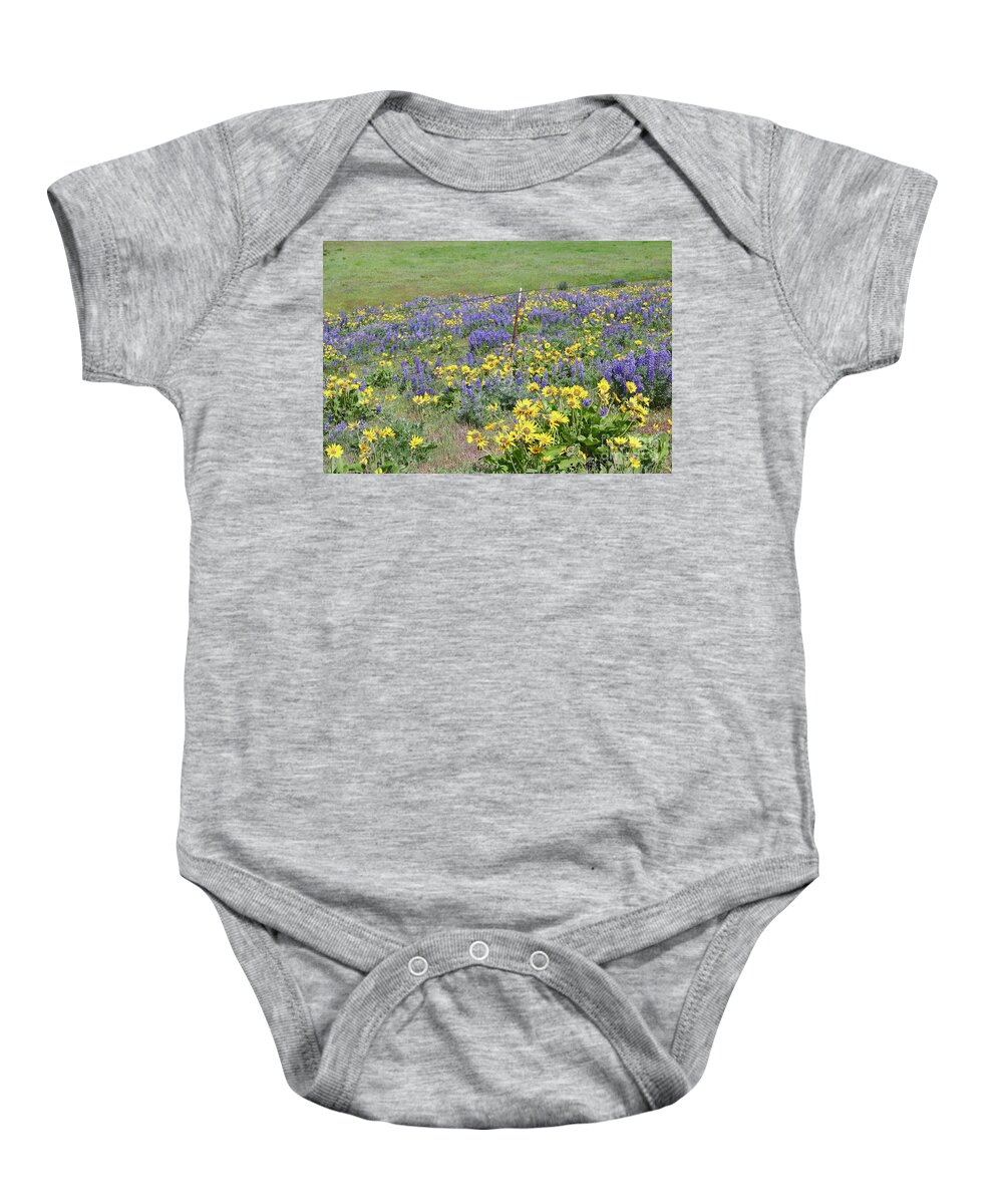 Wildflowers Baby Onesie featuring the photograph Wildflowers Along Barbed Wire Fence by Carol Groenen