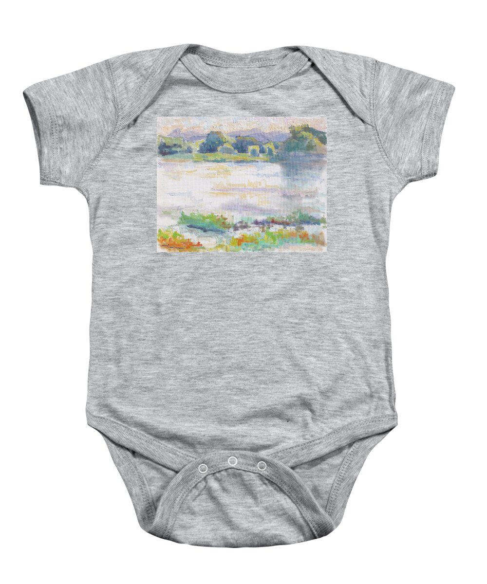 Landscape Baby Onesie featuring the painting Willow Lake Dusk by Srishti Wilhelm