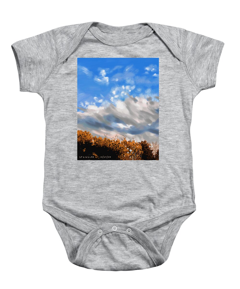 Blue Sky Baby Onesie featuring the painting Windy clouds by Susan Spangler