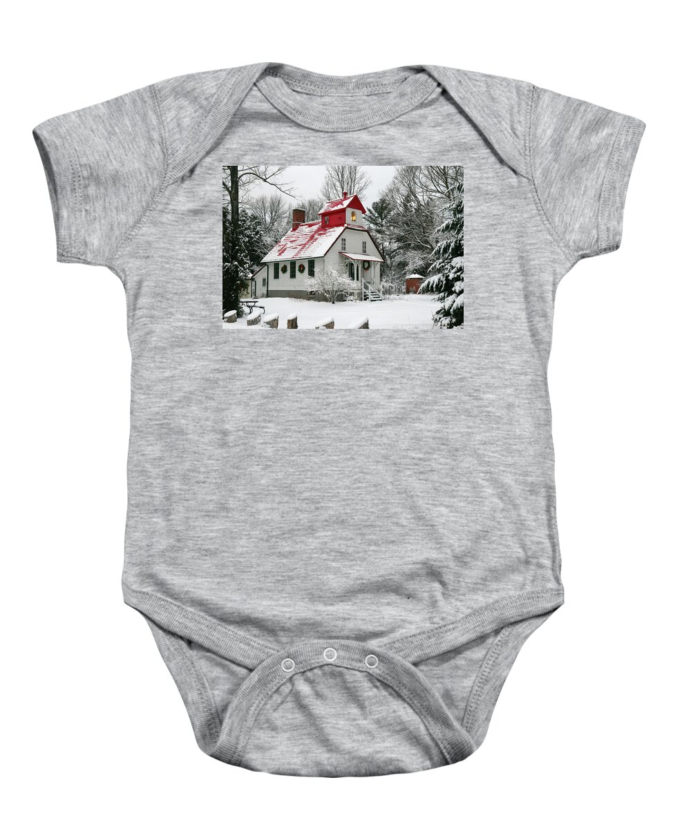 1869 Baby Onesie featuring the photograph Winter at the Baileys Harbor Rear Range Light by David T Wilkinson