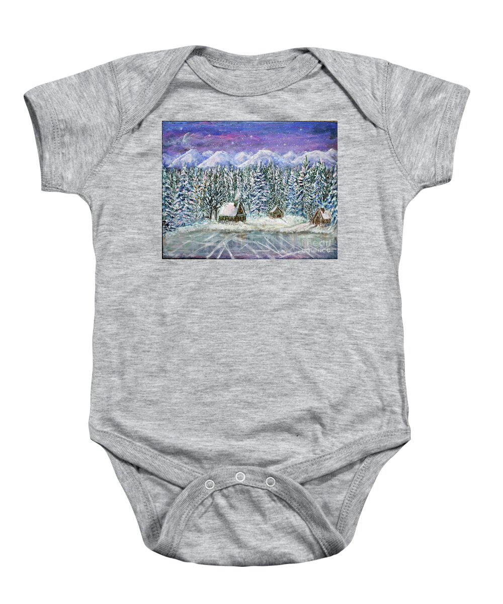 Landscape Baby Onesie featuring the painting Winter at the Lake by Lyric Lucas