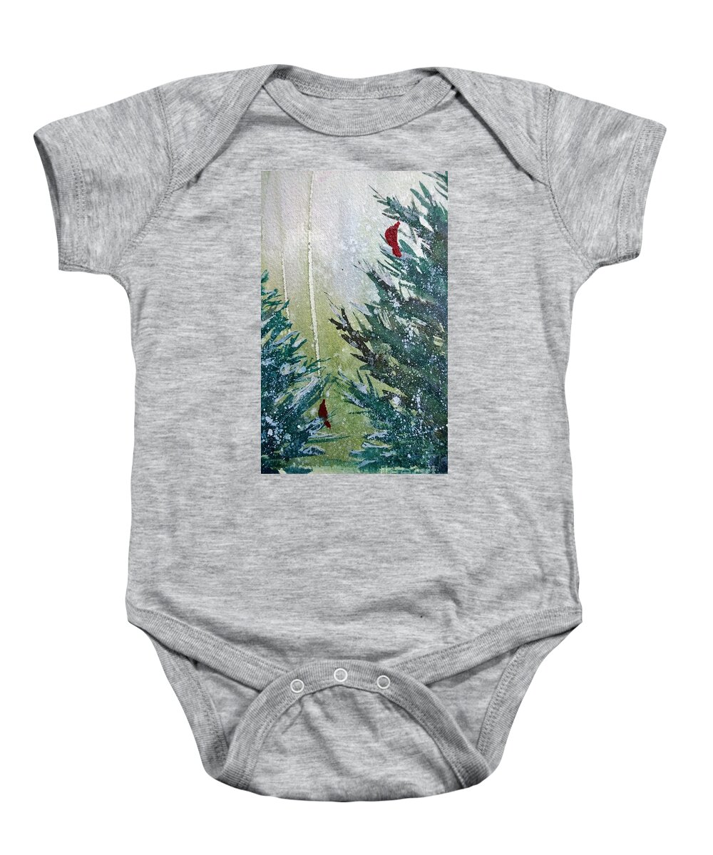 Winter Themed Cards Baby Onesie featuring the painting Winter Cardinals by Eunice Miller