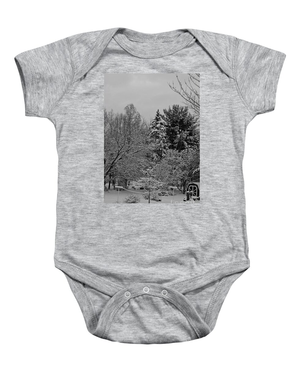 Landscape Photography Baby Onesie featuring the photograph Winter Clothesline - Black and White by Frank J Casella