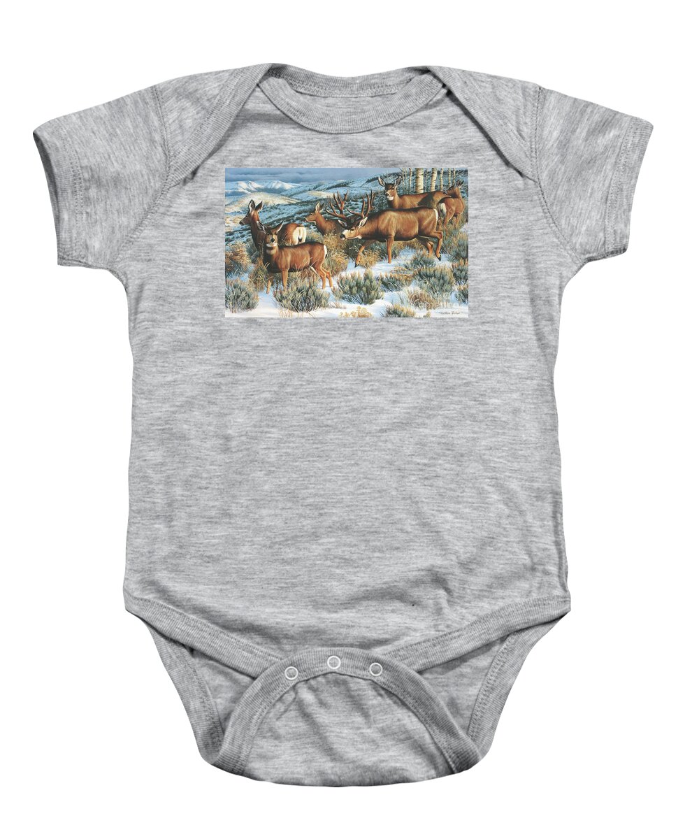 Cynthie Fisher Baby Onesie featuring the painting Winter Mule Deer by Cynthie Fisher