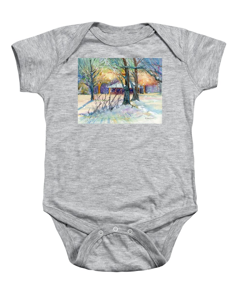 Crapo Park Baby Onesie featuring the painting Winter sunrise at the park by Rebecca Matthews