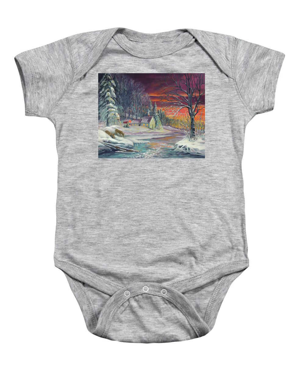 Winter Baby Onesie featuring the painting Winter Sunset By The River by Nancy Griswold