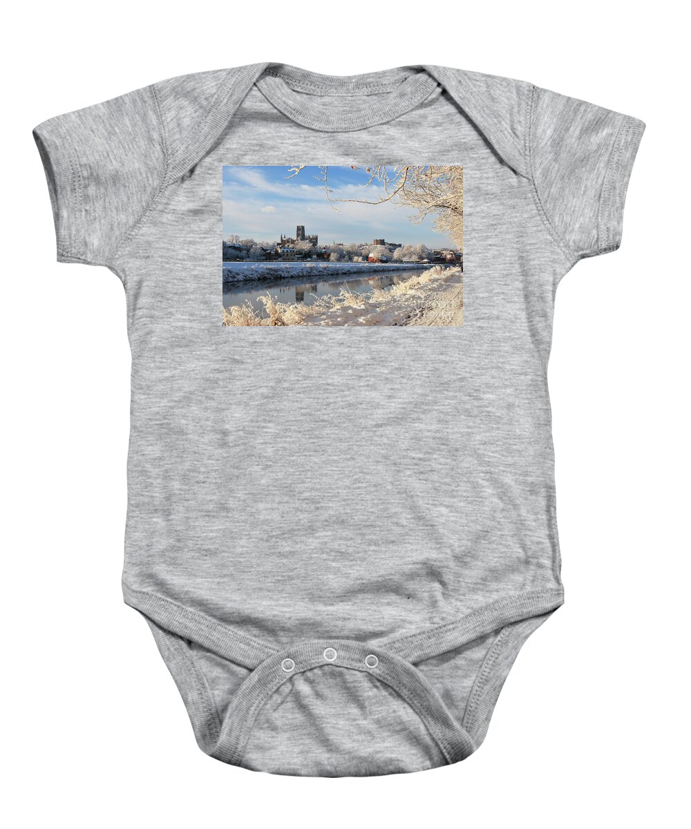Snow Baby Onesie featuring the photograph Winter view of Durham Cathedral and Castle by Bryan Attewell
