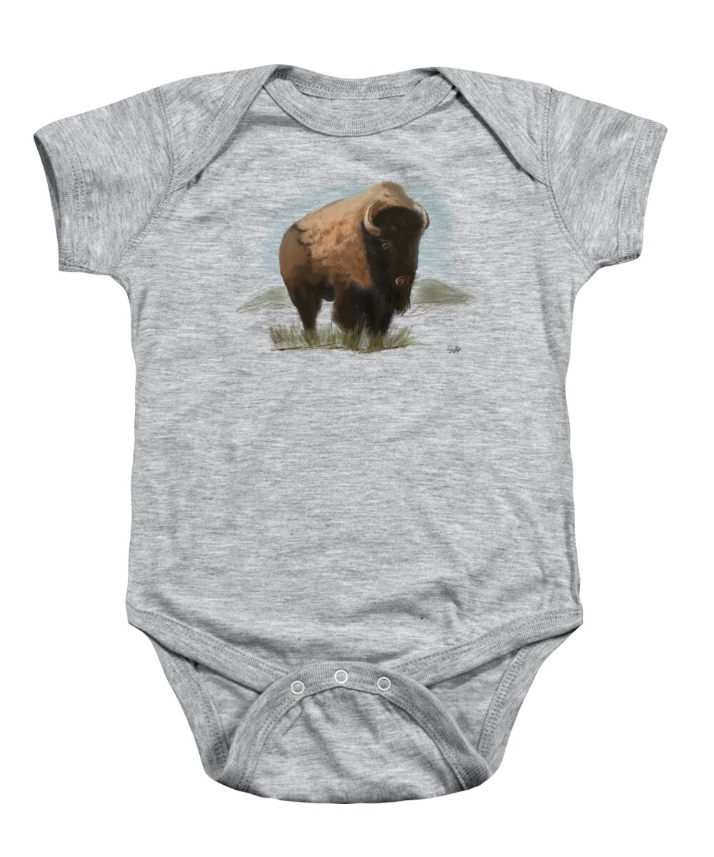 Bison Baby Onesie featuring the digital art With Wisdom He Watched by Doug Gist