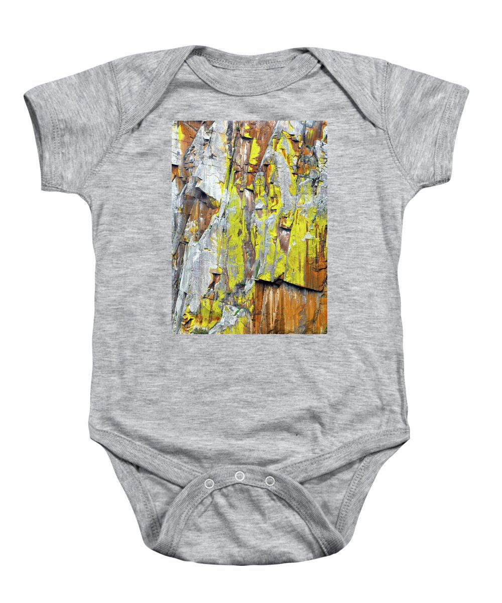 Lichen Baby Onesie featuring the mixed media Yellow lichen on a rock face by Lorena Cassady