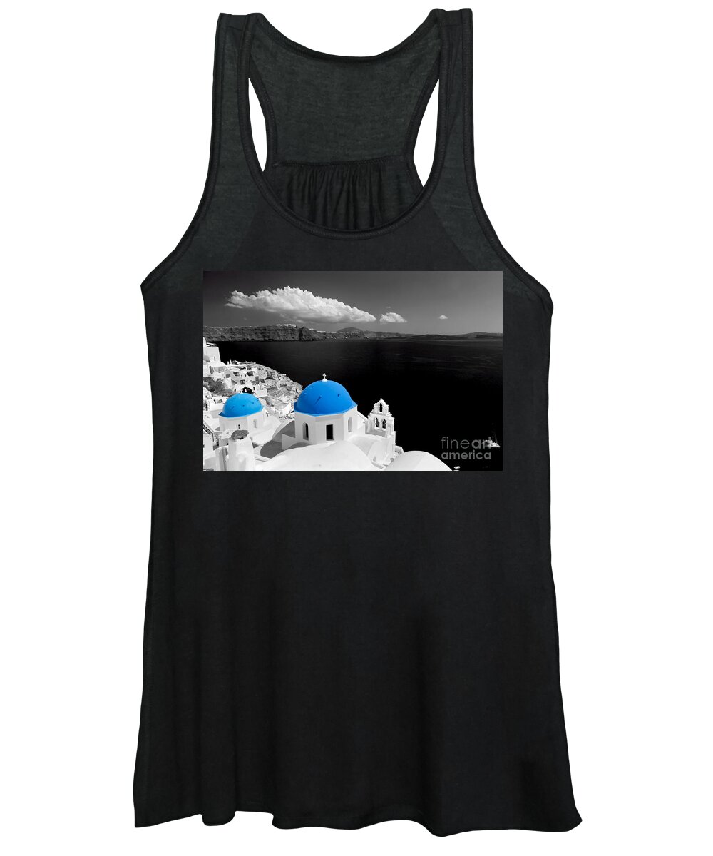 Greece Women's Tank Top featuring the photograph Oia town on Santorini island Greece Blue dome church black and white. #1 by Michal Bednarek