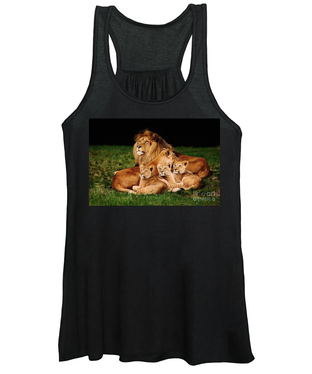 Lion Women's Tank Top featuring the photograph Lion family lying in the grass by Nick Biemans
