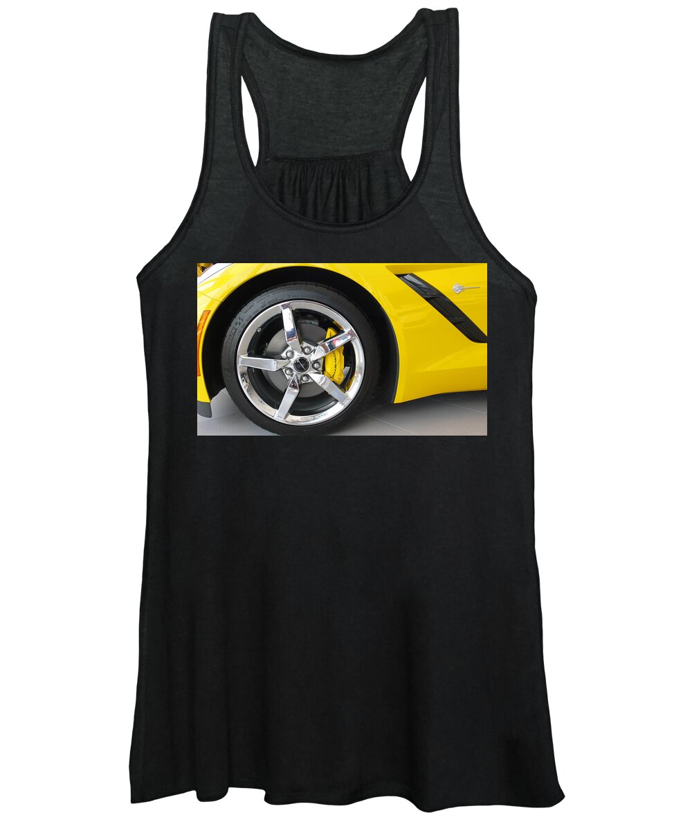 Corvette Women's Tank Top featuring the photograph 2014 Corvette Stingray Front Wheel Yellow by Katy Hawk