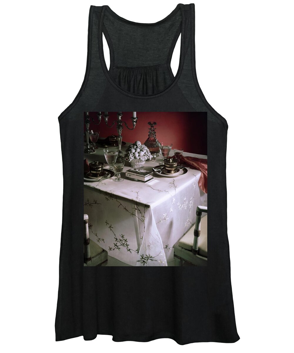 Indoors Women's Tank Top featuring the photograph A Table Set With Delicate Tableware by Horst P. Horst