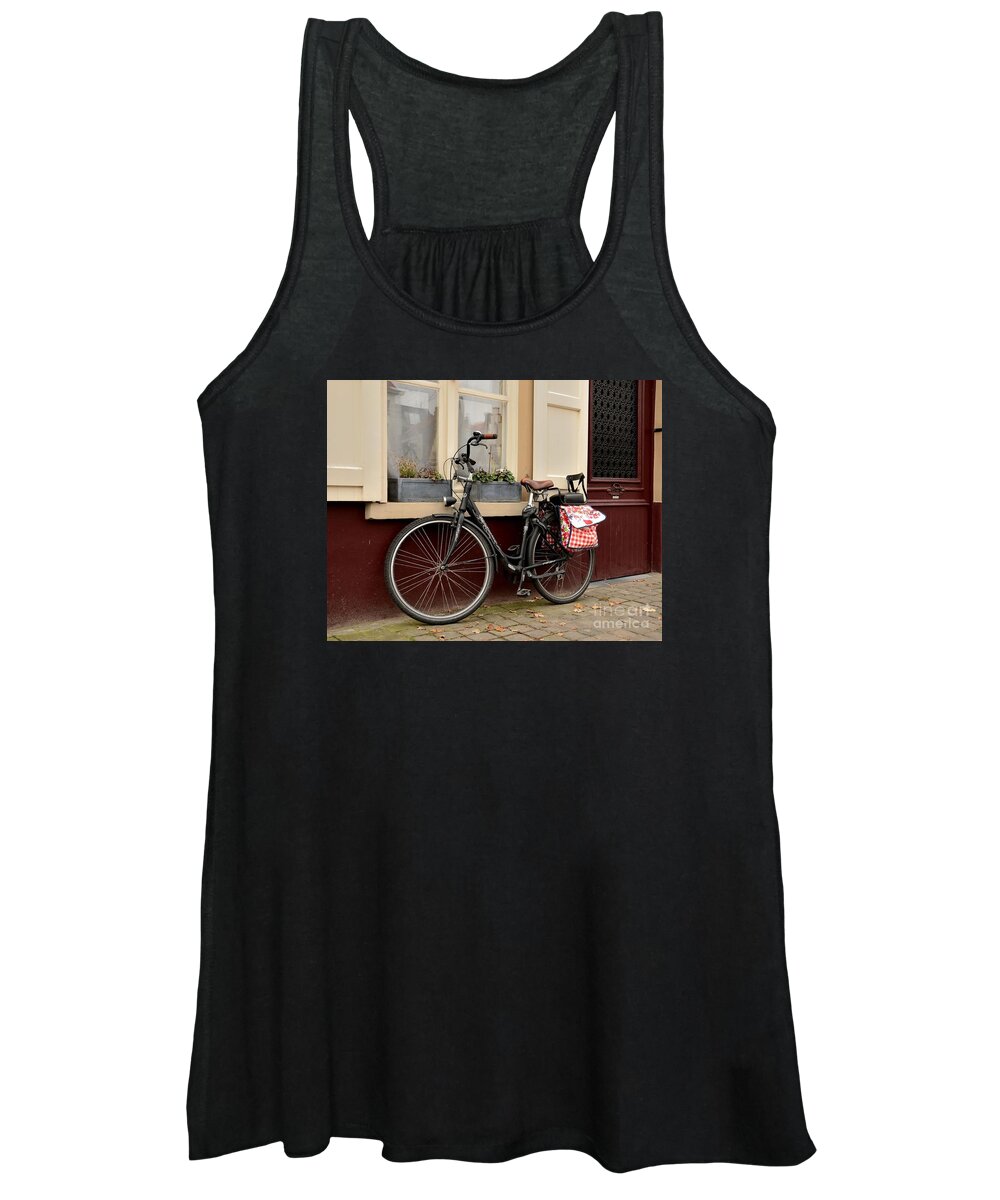 Bike Women's Tank Top featuring the photograph Bicycle with baby seat at doorway Bruges Belgium by Imran Ahmed