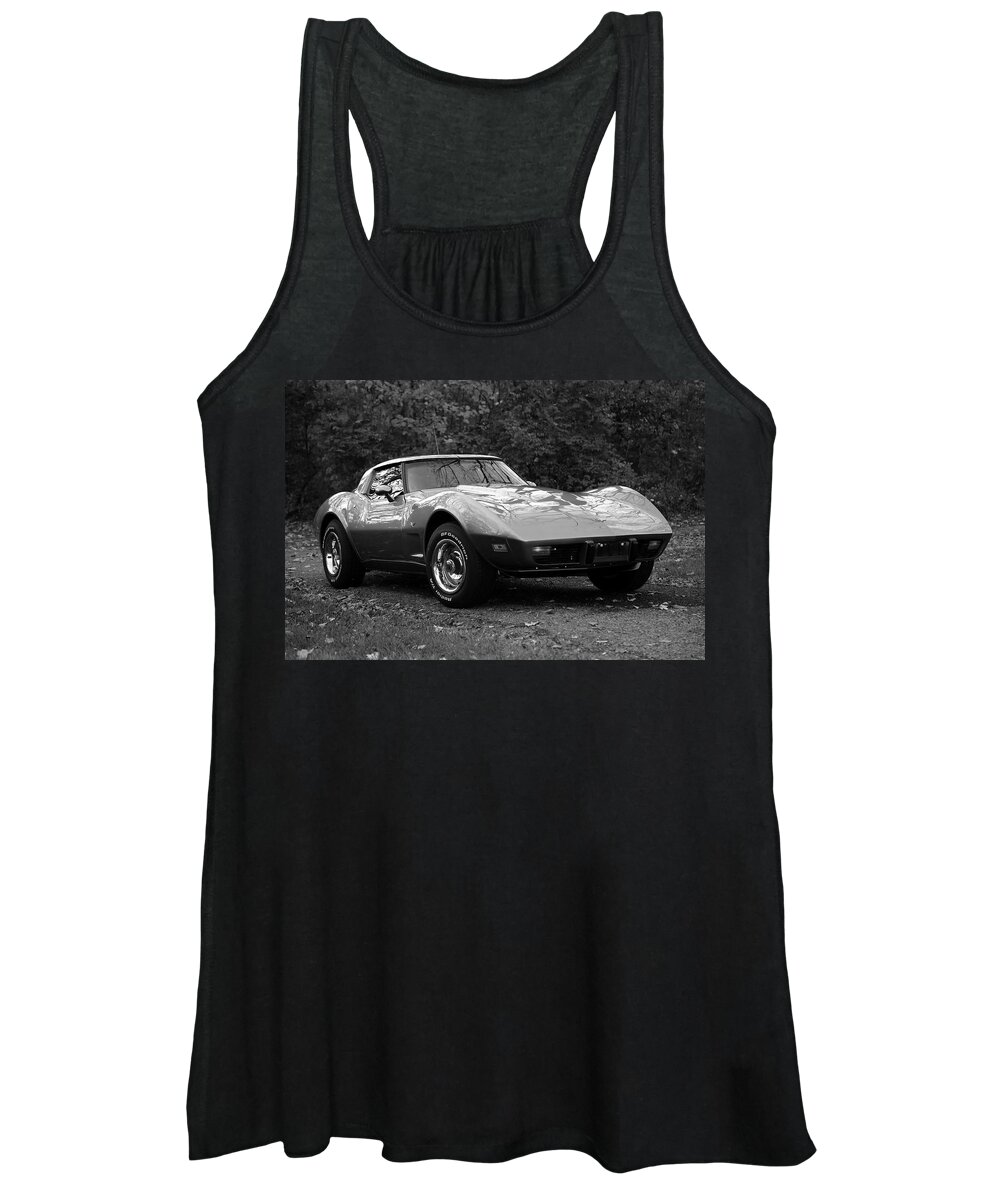 Black And White Gray Corvette Women's Tank Top featuring the photograph Black and White Gray Corvette by PJQandFriends Photography
