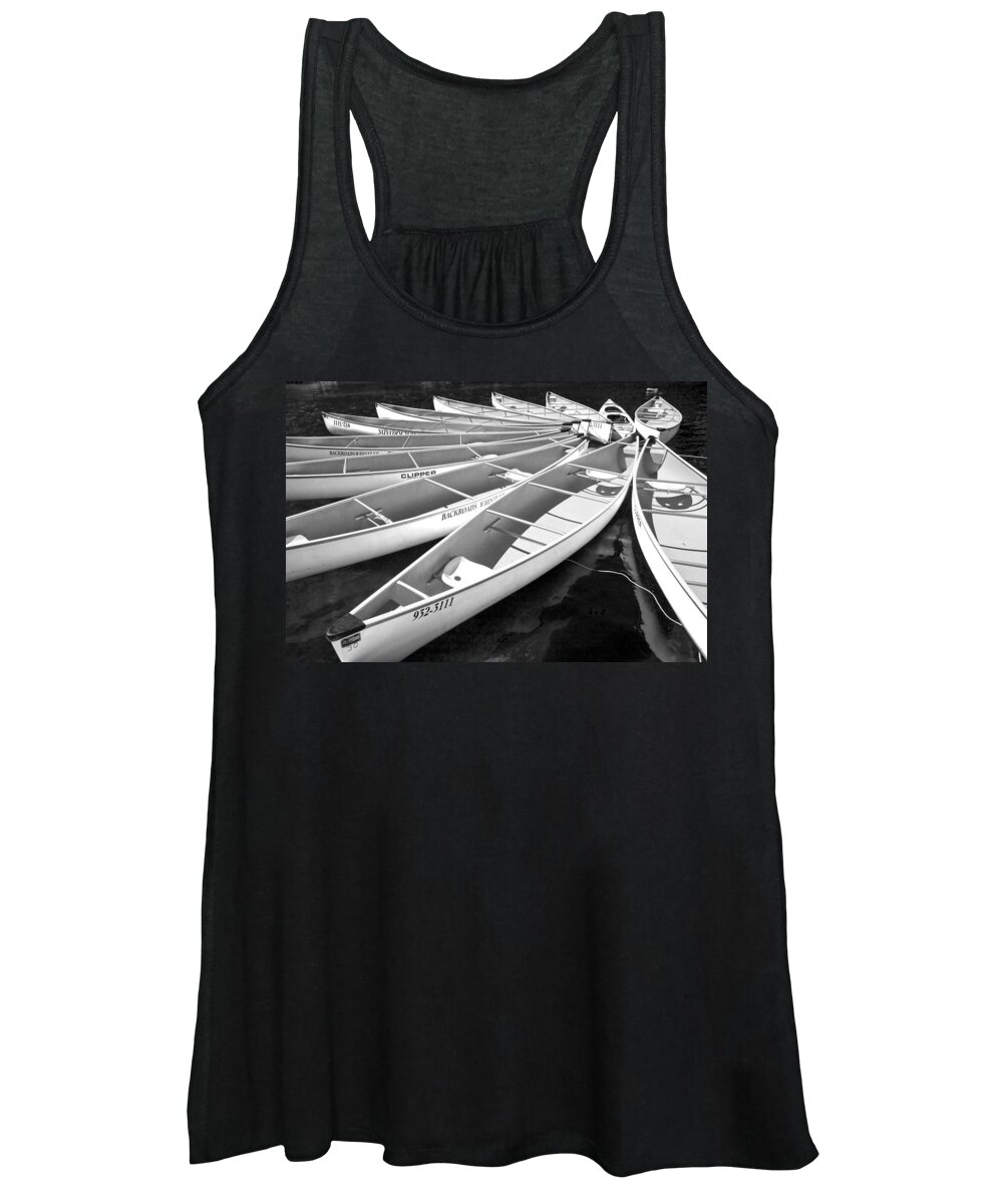 Black And White Women's Tank Top featuring the photograph Black and White Photograph of a group of canoes tethered together in a circle by Randall Nyhof