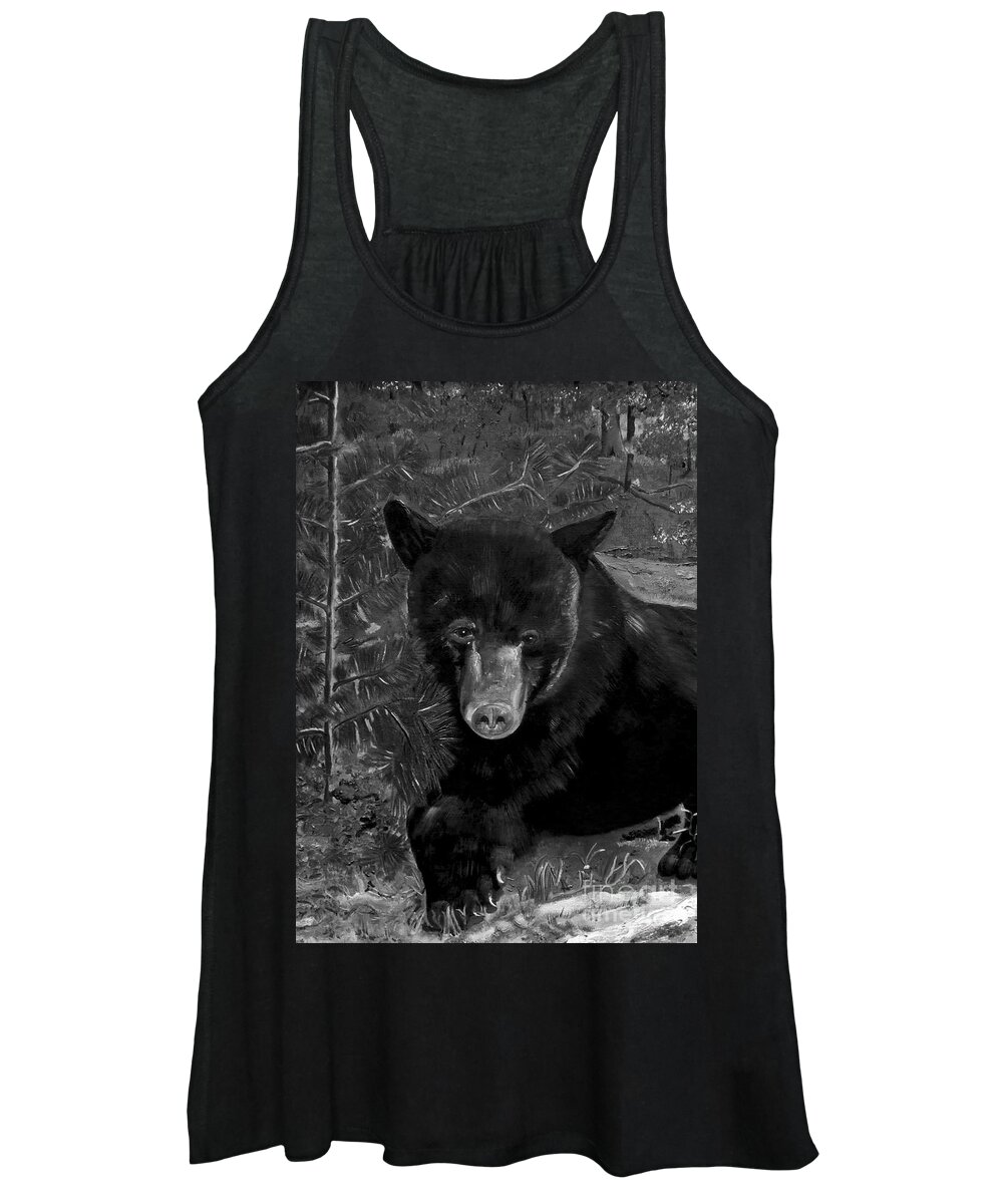 Black Bear Women's Tank Top featuring the painting Black Bear - Scruffy - Black and White Cropped Portrait by Jan Dappen