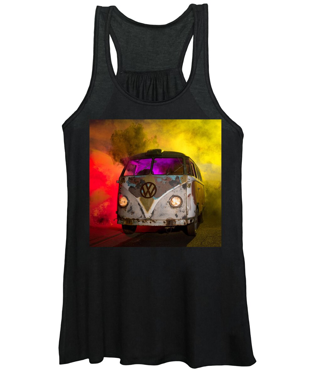 Barndoor Women's Tank Top featuring the photograph Bus In A Cloud of Multi-color Smoke by Richard Kimbrough