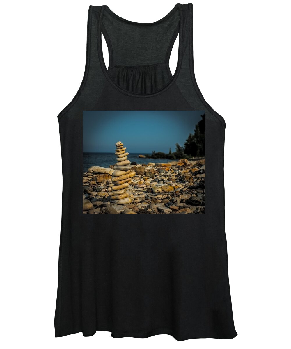 Cairn Women's Tank Top featuring the photograph Cairn On Lake Michigan by Paul Freidlund