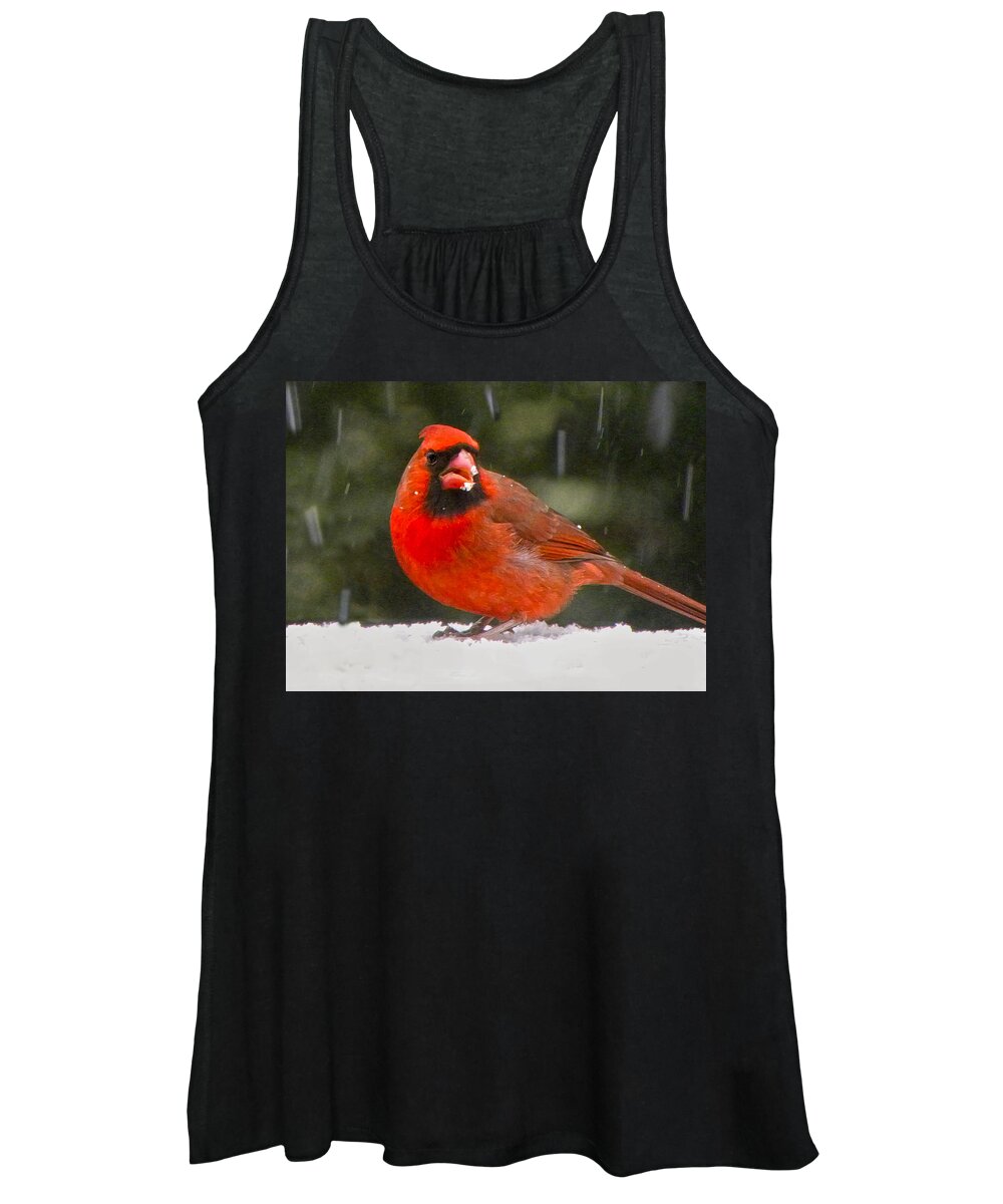 Northern Cardinal Women's Tank Top featuring the photograph Cardinal In The Snowstorm by Sandi OReilly