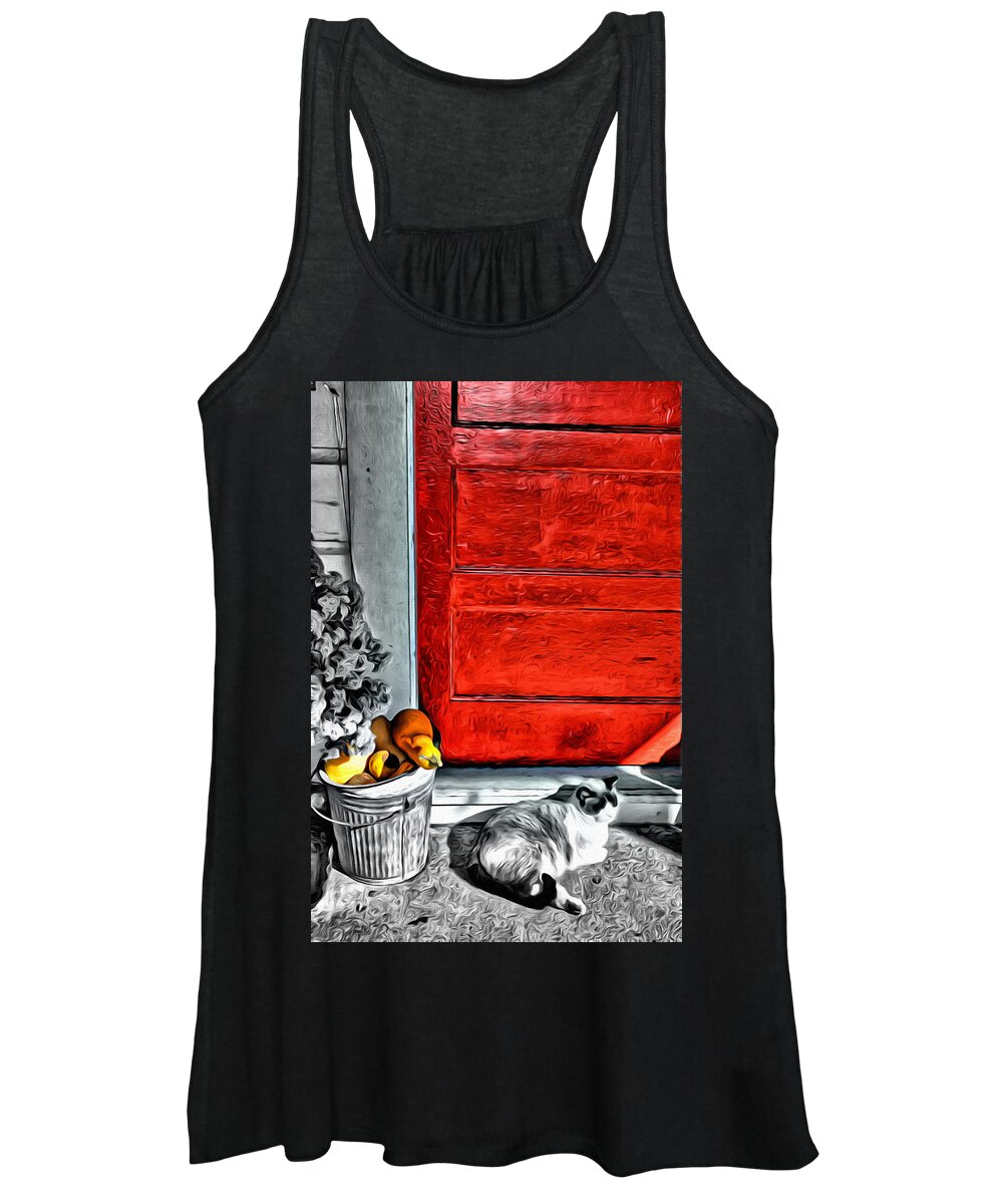 This Shot Just Called Out To Me. I Added An Oil Effect Just To Make It A Little More Artsy. One Of My Popular Gift Cards. Women's Tank Top featuring the photograph Cat by the Red Door by Spencer Hughes