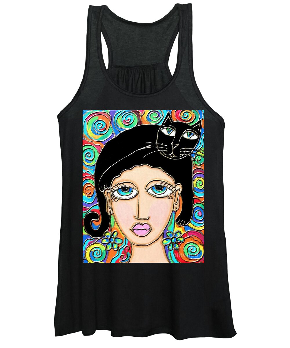 Cat Women's Tank Top featuring the painting Cat Lady with Black Hair by Cynthia Snyder