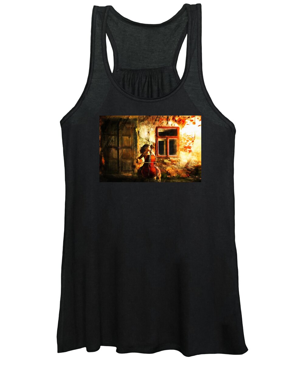 Cellist Women's Tank Top featuring the mixed media Cellist By Night by Georgiana Romanovna