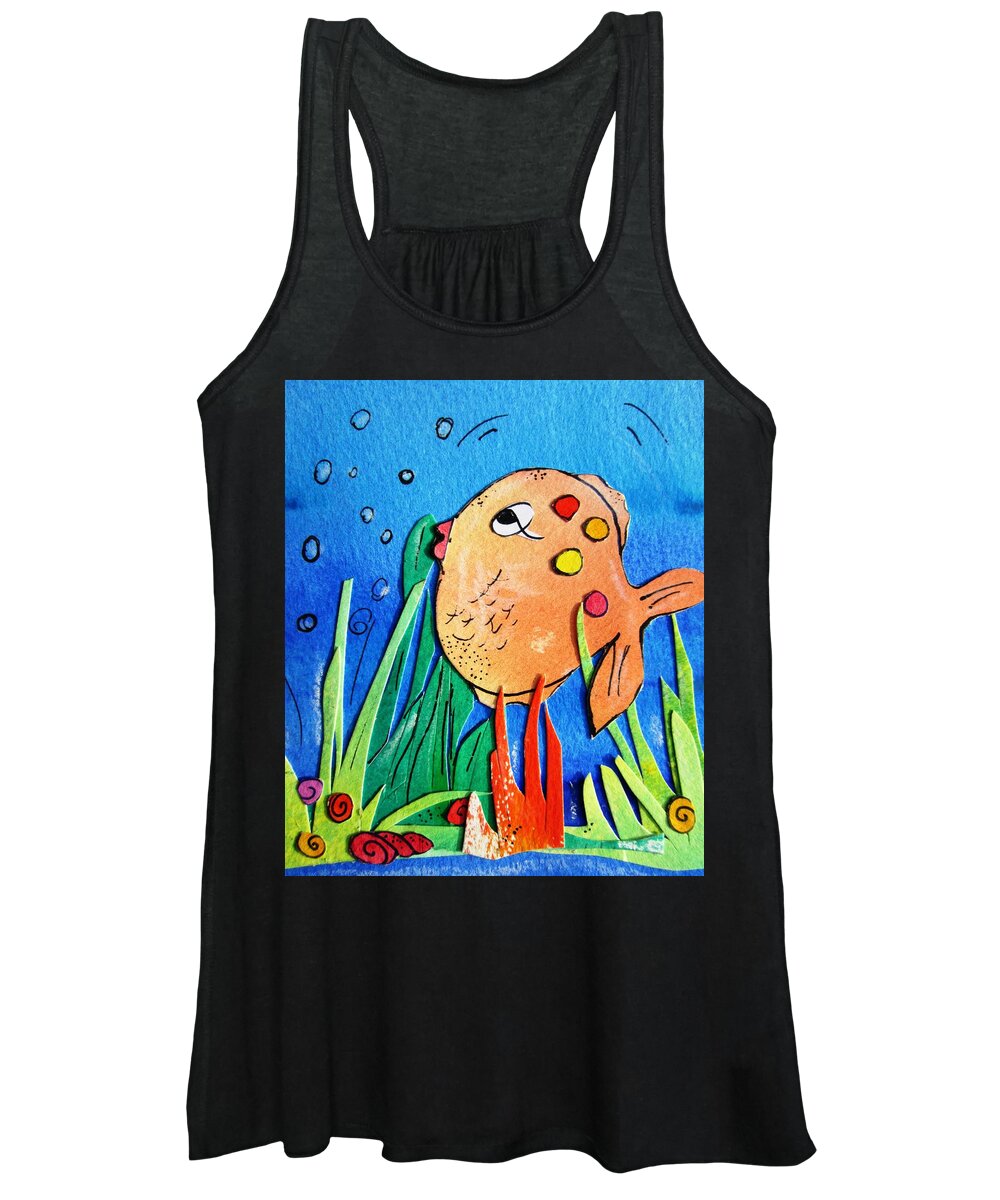 Funny Women's Tank Top featuring the painting Cheeky fish -ideal for bathrooms by Mary Cahalan Lee - aka PIXI