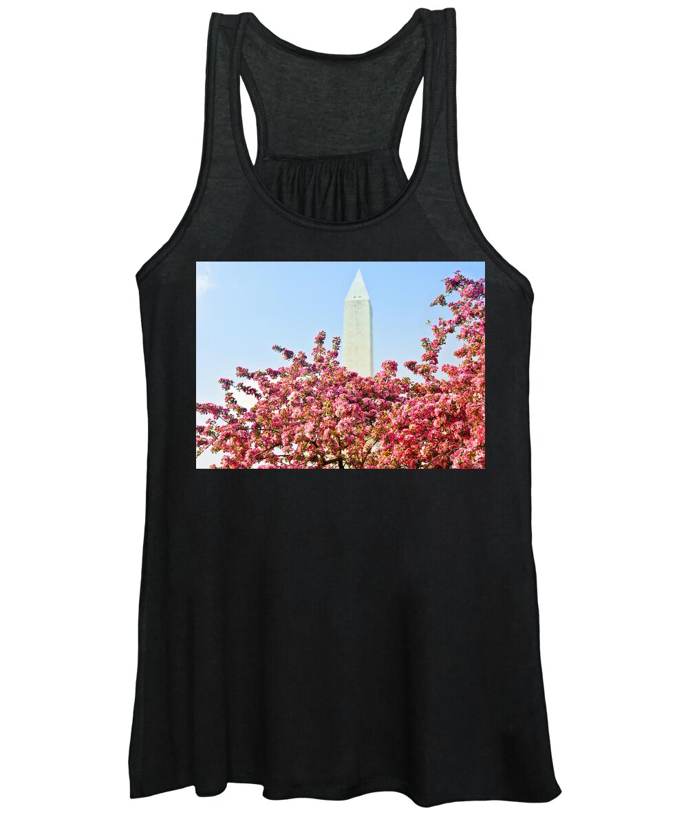 America Women's Tank Top featuring the photograph Cherry Trees and Washington Monument Two by Mitchell R Grosky