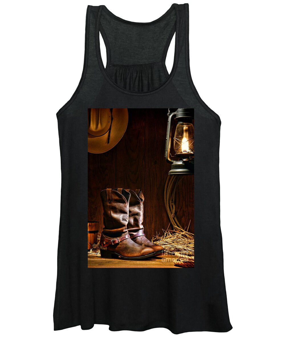 Western Women's Tank Top featuring the photograph Cowboy Boots at the Ranch by Olivier Le Queinec