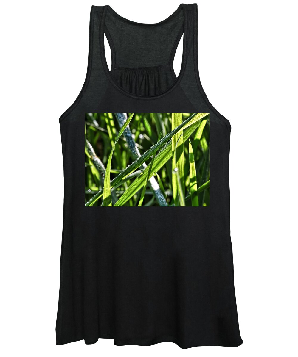 Droplets Women's Tank Top featuring the photograph Droplets on the green-Drplets on green leafs of seagrass in sunlight by Leif Sohlman