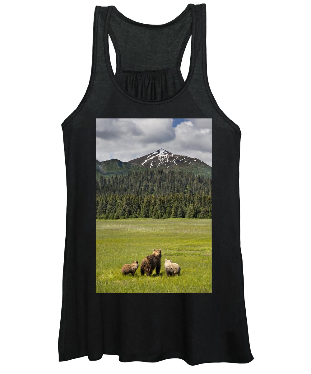 Richard Garvey-williams Women's Tank Top featuring the photograph Grizzly Bear Mother And Cubs In Meadow by Richard Garvey-Williams