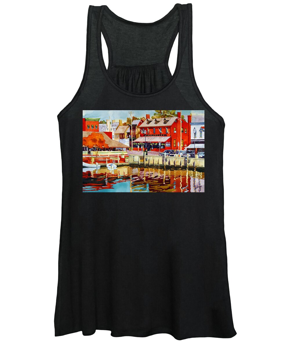 Watercolor Women's Tank Top featuring the painting Harborfront Tavern by Mick Williams