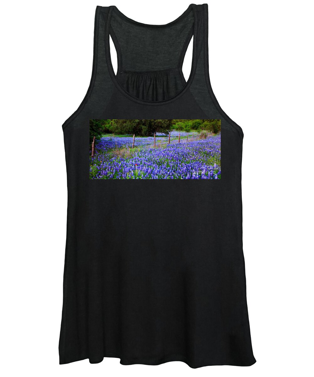 Spring Women's Tank Top featuring the photograph Hill Country Heaven - Texas Bluebonnets wildflowers landscape fence flowers by Jon Holiday