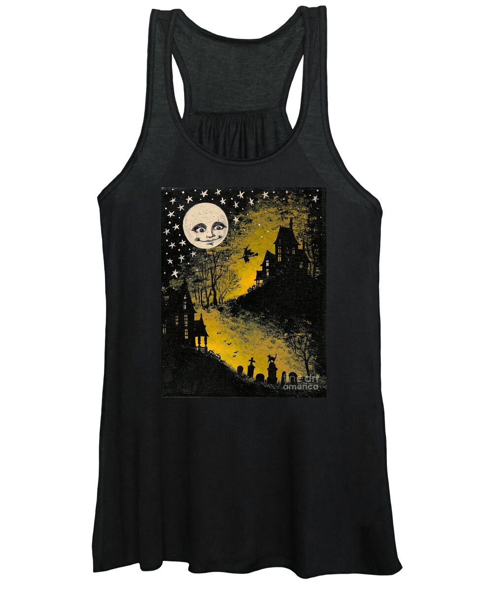 Print Women's Tank Top featuring the painting In the Halloween Moonlight by Margaryta Yermolayeva